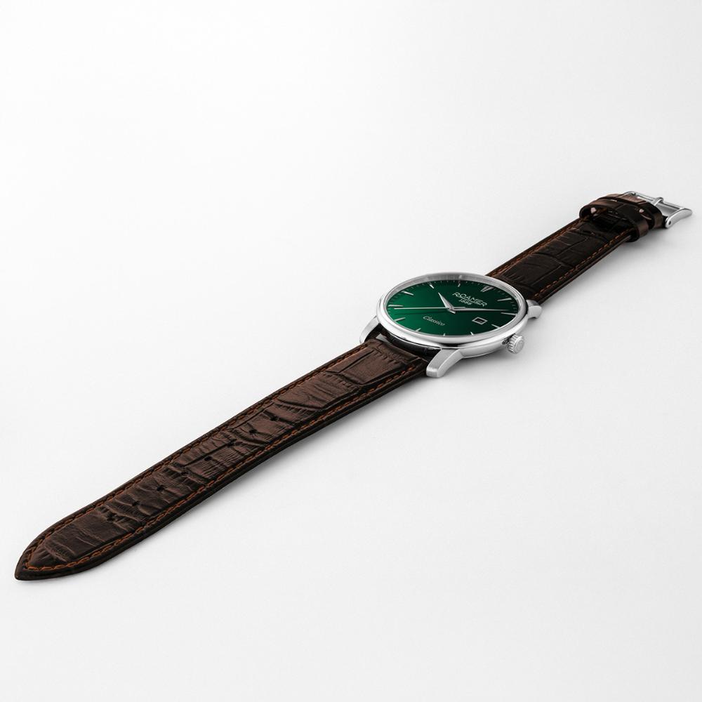 ROAMER Classico Gents Green Dial 40mm Silver Stainless Steel Brown Leather Strap 971856-41-75-05