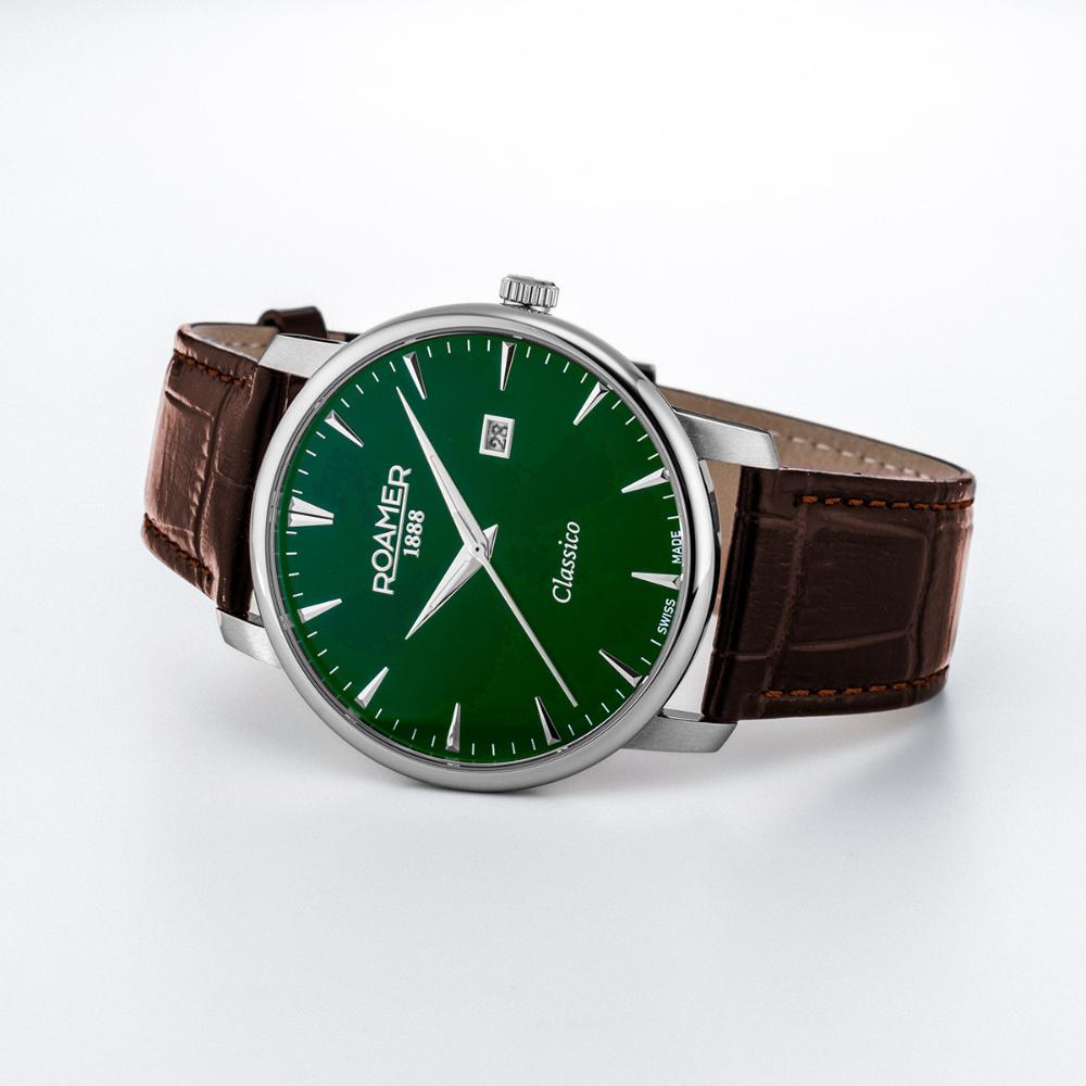 ROAMER Classico Gents Green Dial 40mm Silver Stainless Steel Brown Leather Strap 971856-41-75-05