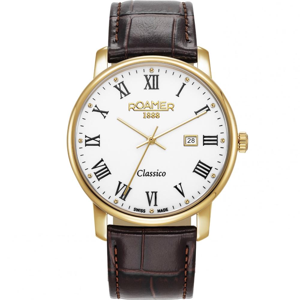 ROAMER Classico Gents White Dial 40mm Gold Stainless Steel Brown Leather Strap 971856-48-25-05