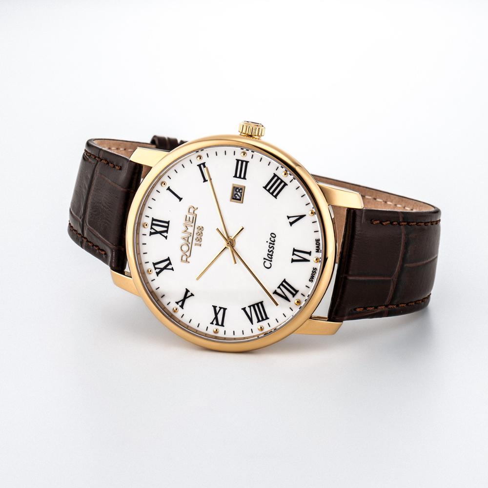 ROAMER Classico Gents White Dial 40mm Gold Stainless Steel Brown Leather Strap 971856-48-25-05