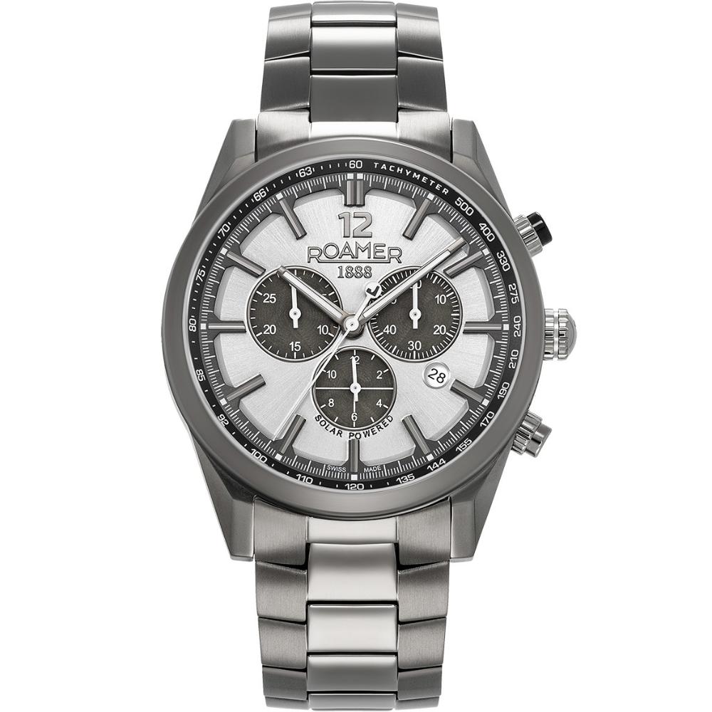 ROAMER Helios Power Chronograph Silver Black Dial 43.5mm Black Titanium Bracelet 973981-44-15-20