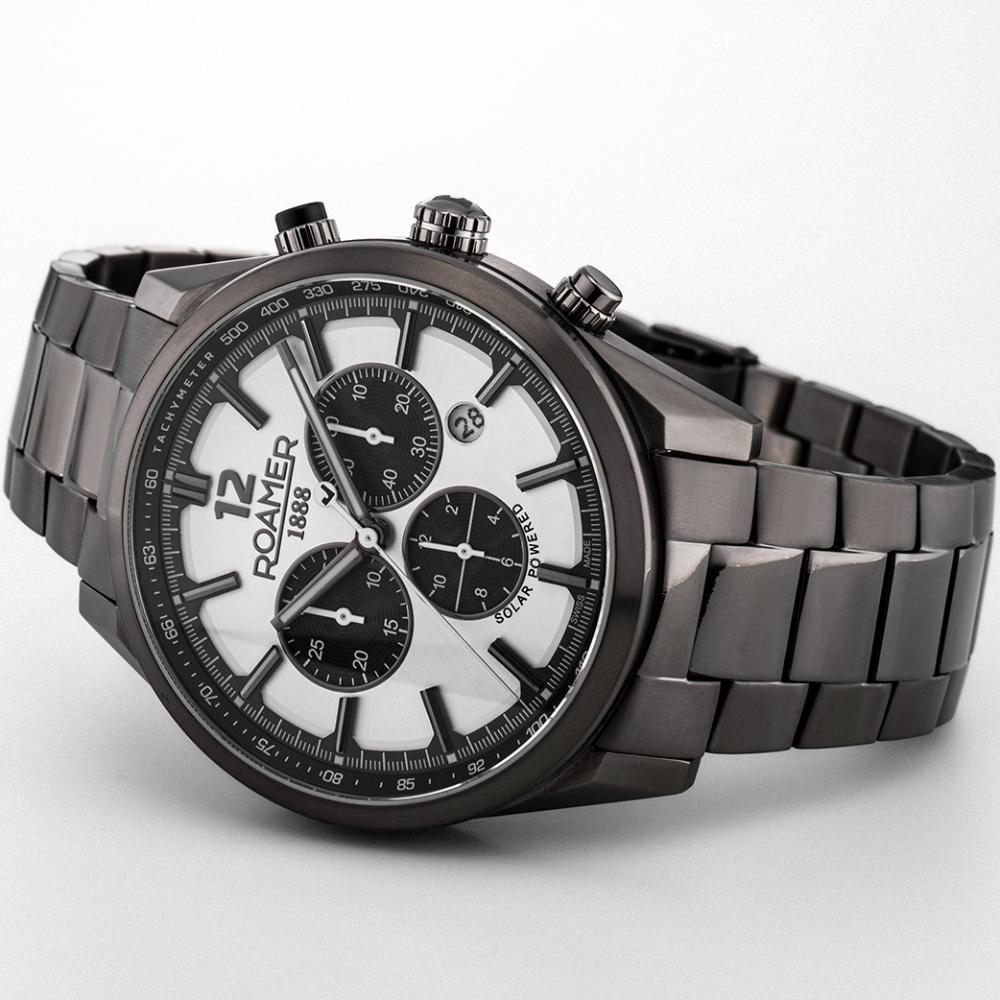 ROAMER Helios Power Chronograph Silver Black Dial 43.5mm Black Titanium Bracelet 973981-44-15-20