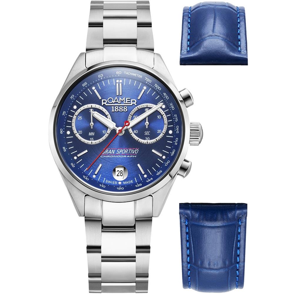 ROAMER Gran Sportivo Chronograph Box Set Blue Dial 41mm Silver Stainless Steel Bracelet 978818-41-45-20