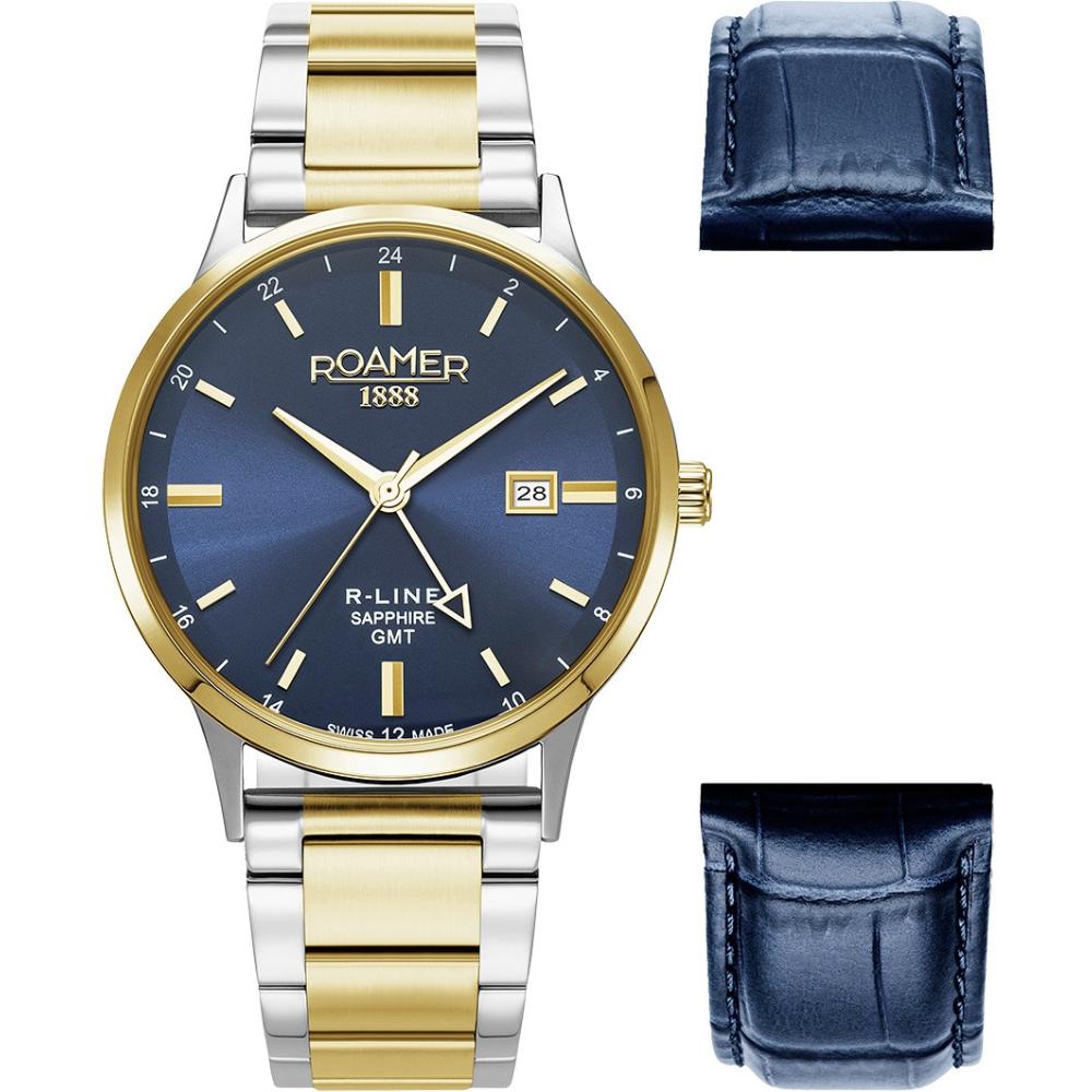 ROAMER R-Line GMT Box Set Blue Dial 43mm Two Tone Gold Stainless Steel Bracelet 990987-47-45-05