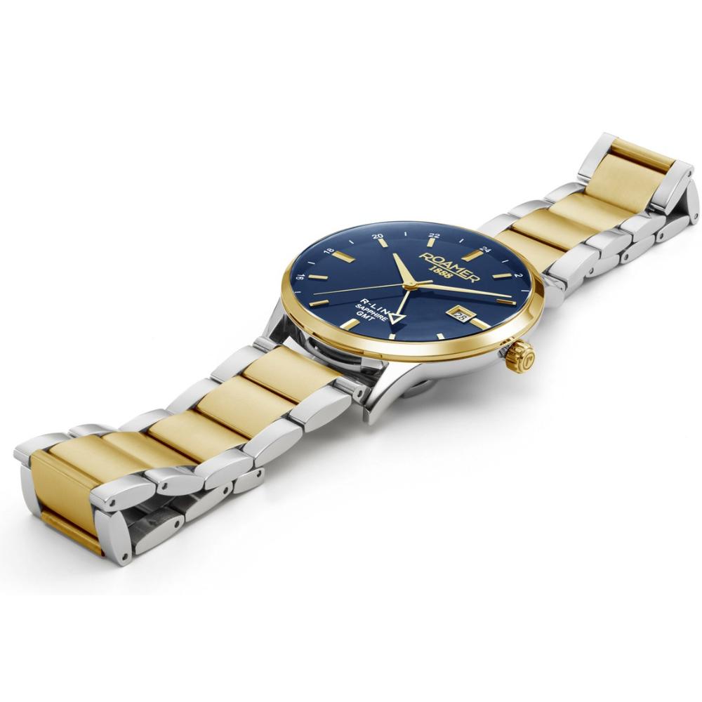 ROAMER R-Line GMT Box Set Blue Dial 43mm Two Tone Gold Stainless Steel Bracelet 990987-47-45-05