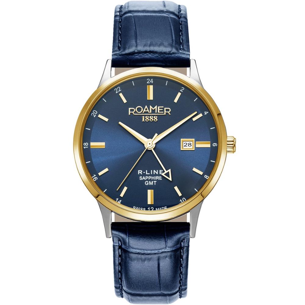 ROAMER R-Line GMT Box Set Blue Dial 43mm Two Tone Gold Stainless Steel Bracelet 990987-47-45-05