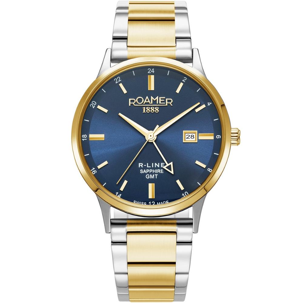 ROAMER R-Line GMT Box Set Blue Dial 43mm Two Tone Gold Stainless Steel Bracelet 990987-47-45-05