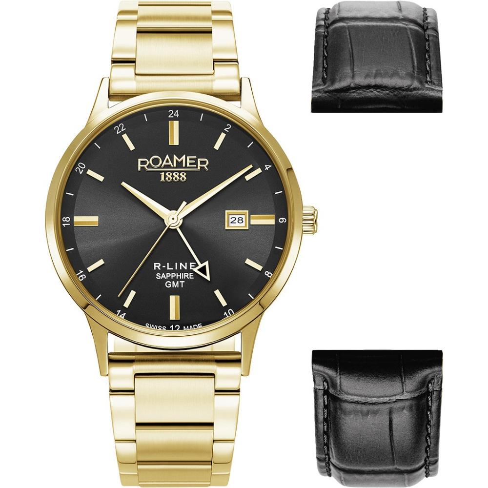 ROAMER R-Line GMT Box Set Black Dial 43mm Gold Stainless Steel Bracelet 990987-48-85-05