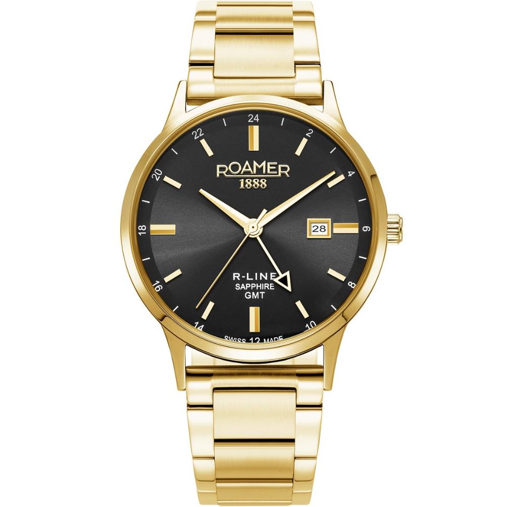 ROAMER R-Line GMT Box Set Black Dial 43mm Gold Stainless Steel Bracelet 990987-48-85-05