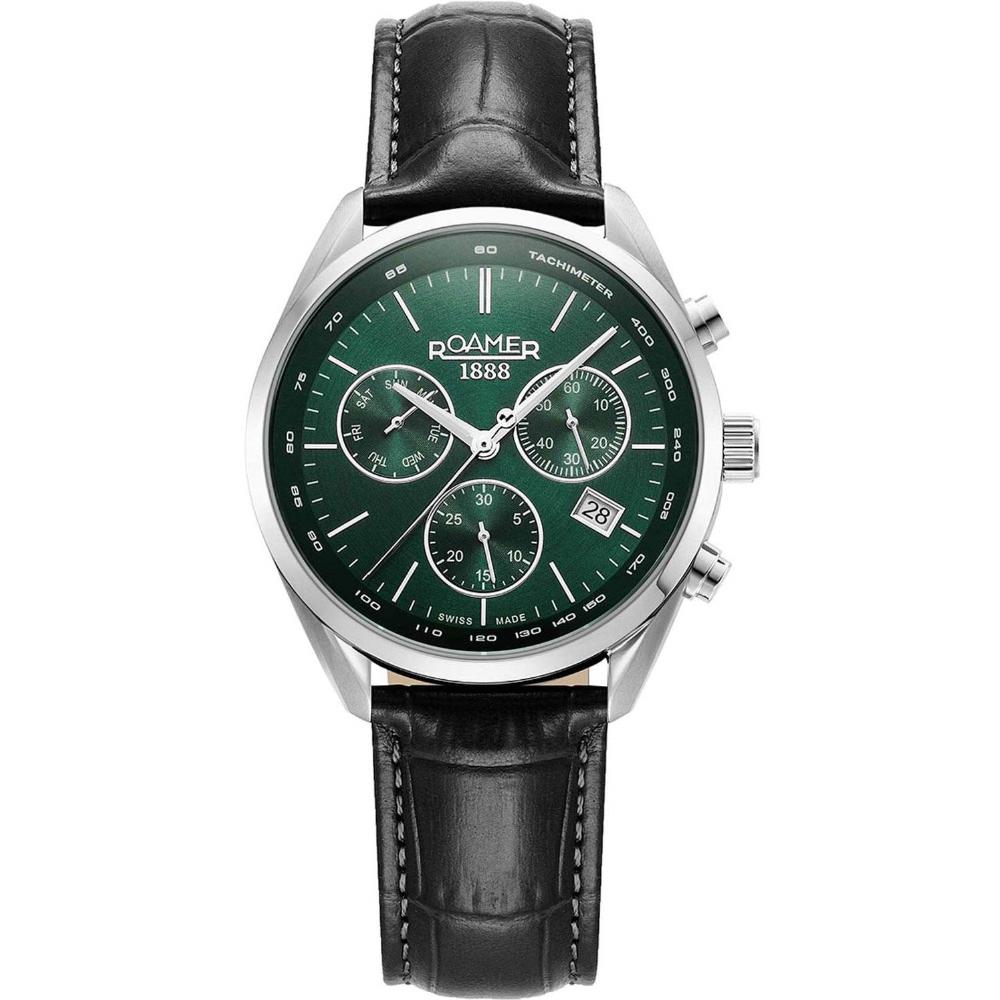 ROAMER Pro Chrono Green Dial 43.5mm Silver Stainless Steel Black Leather Strap 993819-41-75-02