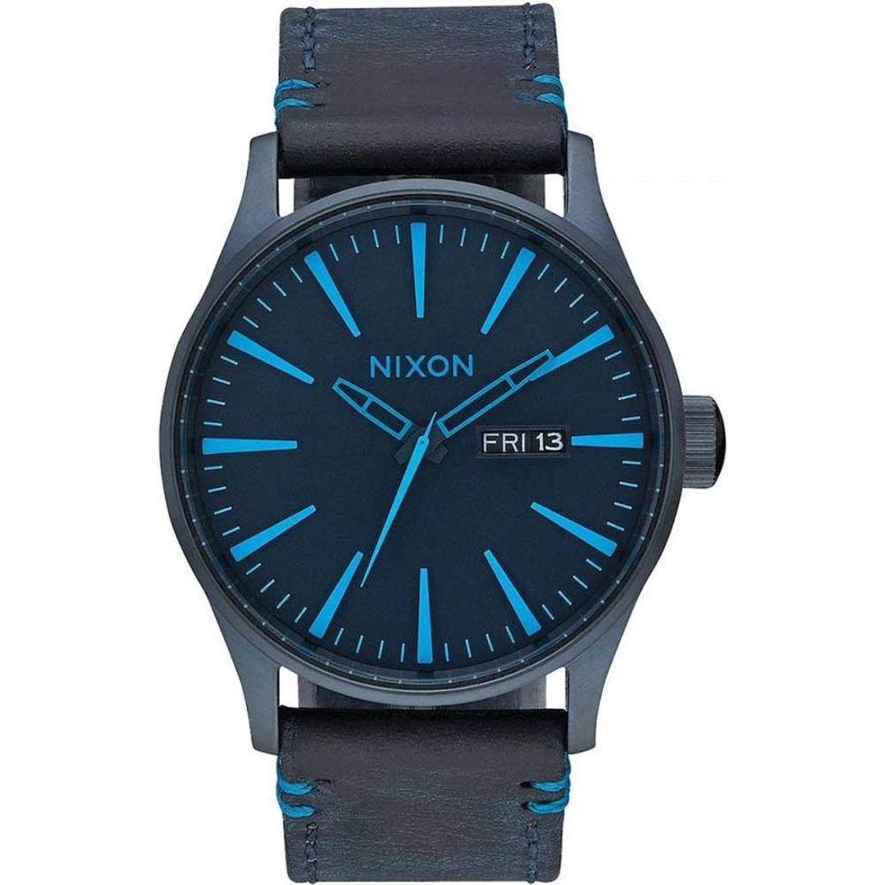 NIXON The Sentry Three Hands 42mm Gray Stainless Steel Blue Leather Strap A105-2244-00