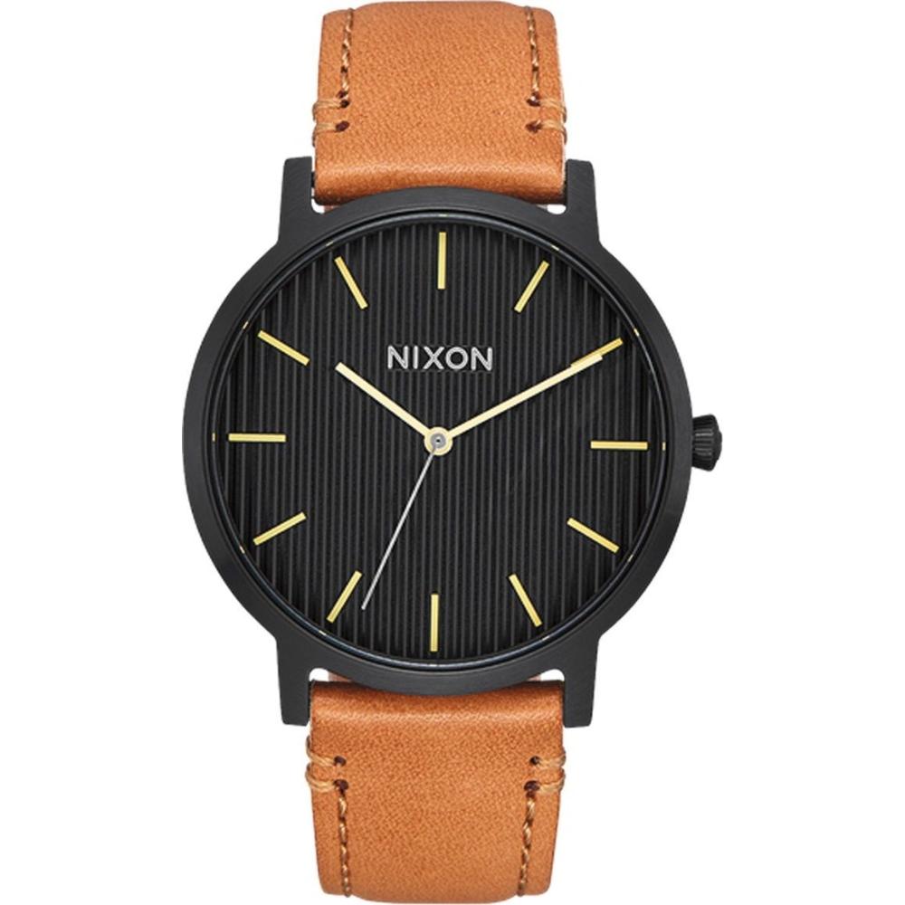 NIXON The Porter Three Hands 40mm Black Stainless Steel Brown Leather Strap A1058-2664-00