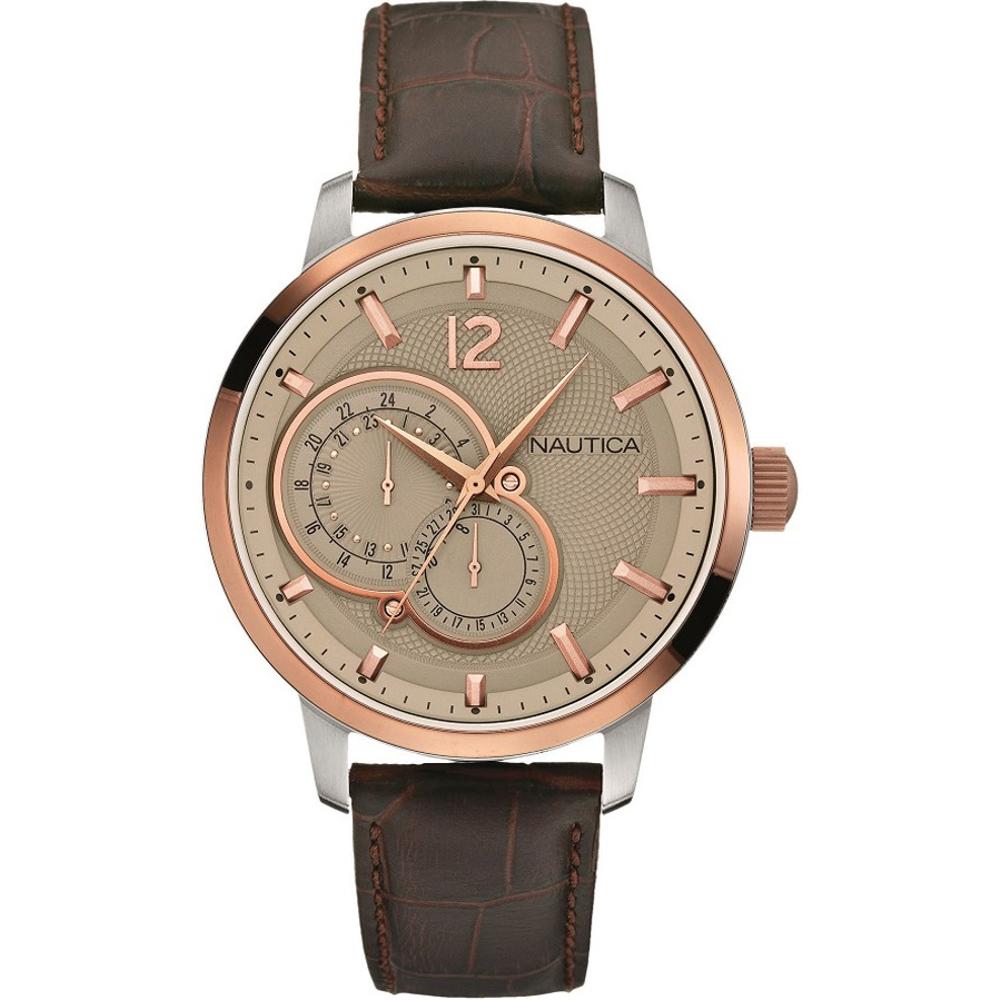 NAUTICA NCT 15 Multifunction 46mm Rose Gold Stainless Steel Black Leather Strap A16649G