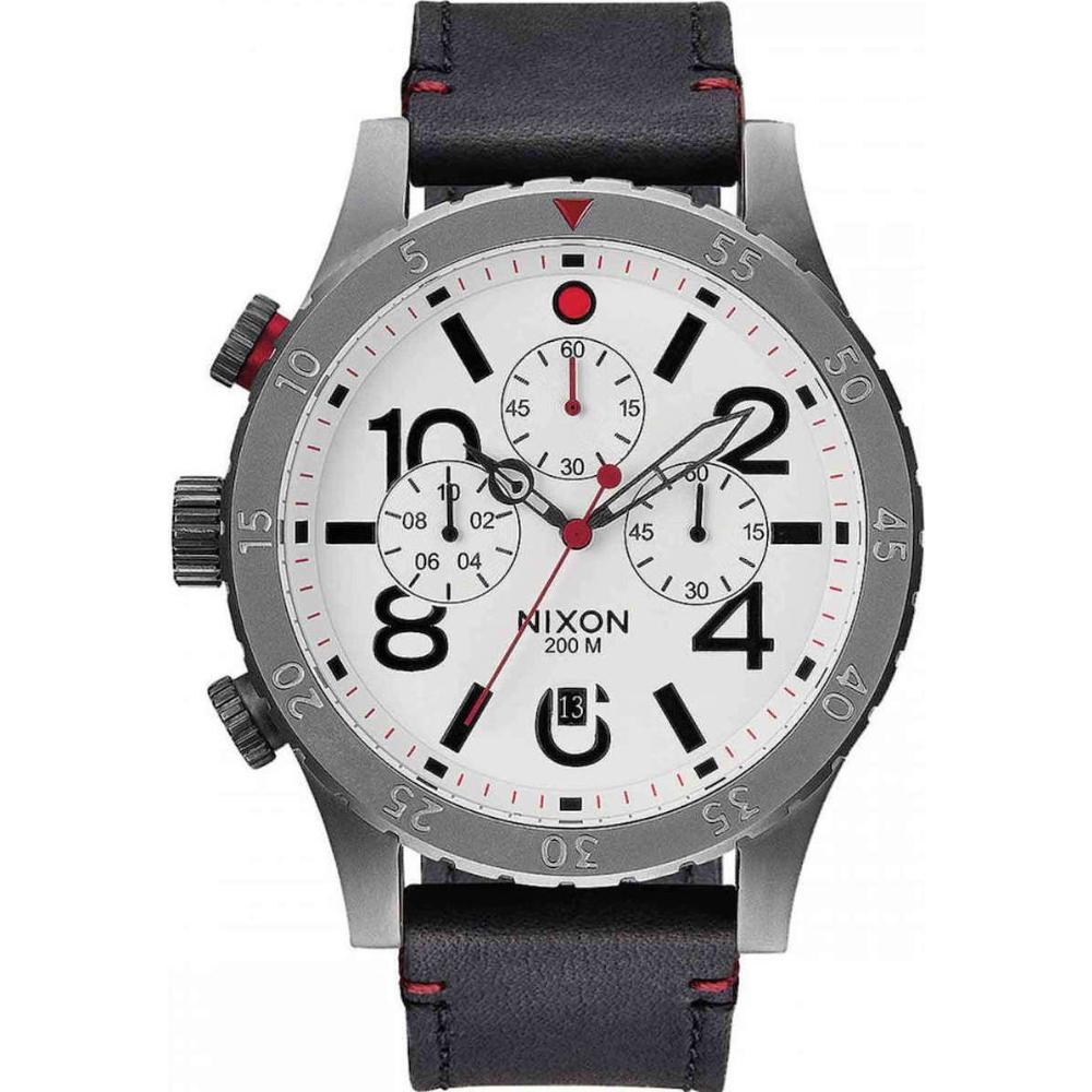 NIXON The 48-20 Chronograph 48mm Gray Stainless Black Leather Strap A363-486-00