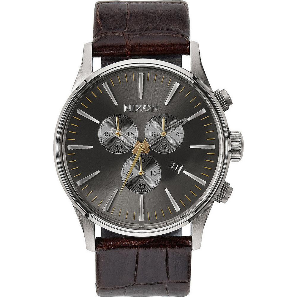NIXON The Sentry Chronograph 42mm Silver Stainless Brown Leather Strap A405-1887-00