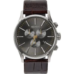 NIXON The Sentry Chronograph 42mm Silver Stainless Brown Leather Strap A405-1887-00 - 4429