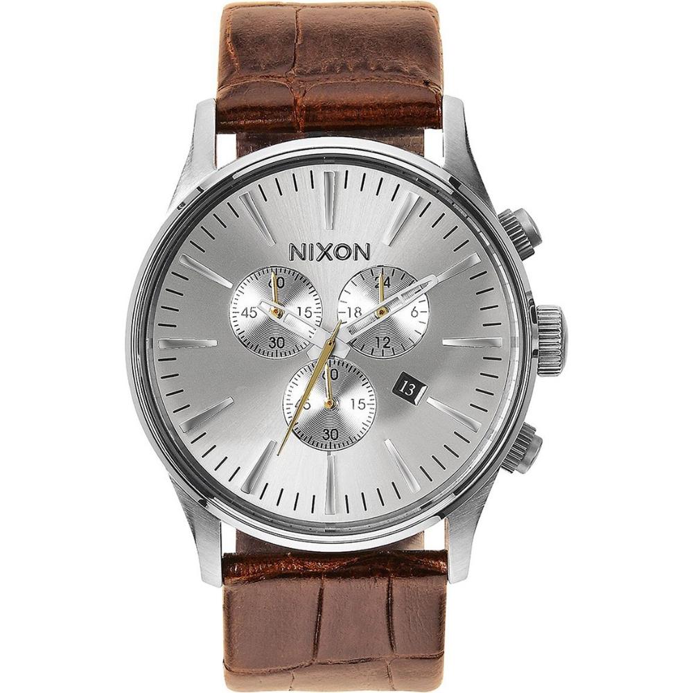NIXON The Sentry Chronograph 42mm Silver Stainless Brown Leather Strap A405-1888-00