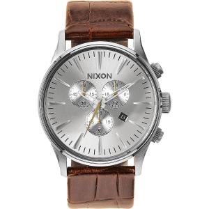 NIXON The Sentry Chronograph 42mm Silver Stainless Brown Leather Strap A405-1888-00 - 4439