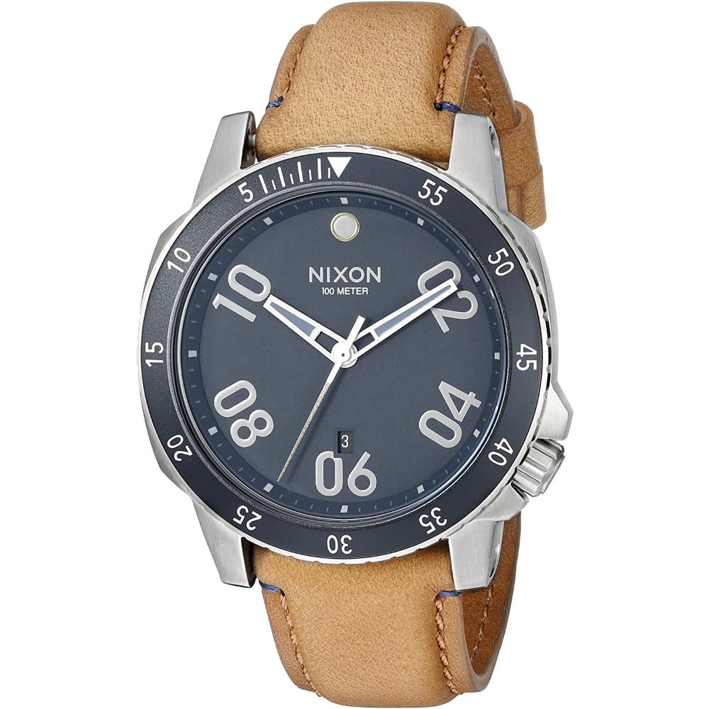 NIXON The Ranger Three Hands 44mm Silver Stainless Brown Leather Strap A508-2186-00