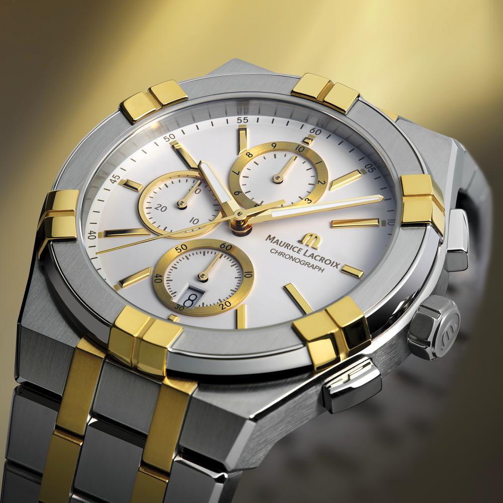 MAURICE LACROIX Aikon Quartz Chronograph White Dial 42mm Two Tone Gold Stainless Steel Bracelet AI1118-PVY03-130-1