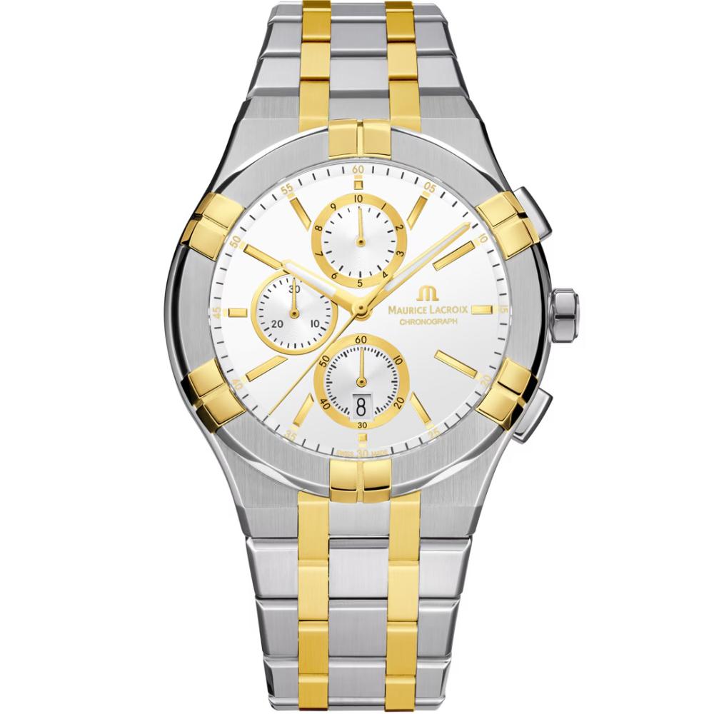 MAURICE LACROIX Aikon Quartz Chronograph White Dial 42mm Two Tone Gold Stainless Steel Bracelet AI1118-PVY03-130-1