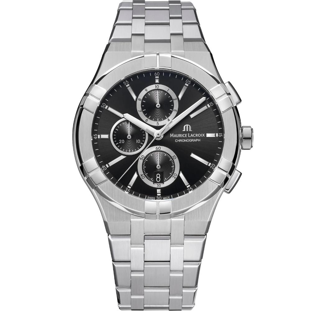 MAURICE LACROIX Aikon Quartz Chronograph Black Dial 42mm Silver Stainless Steel Bracelet AI1118-SS002-330-1