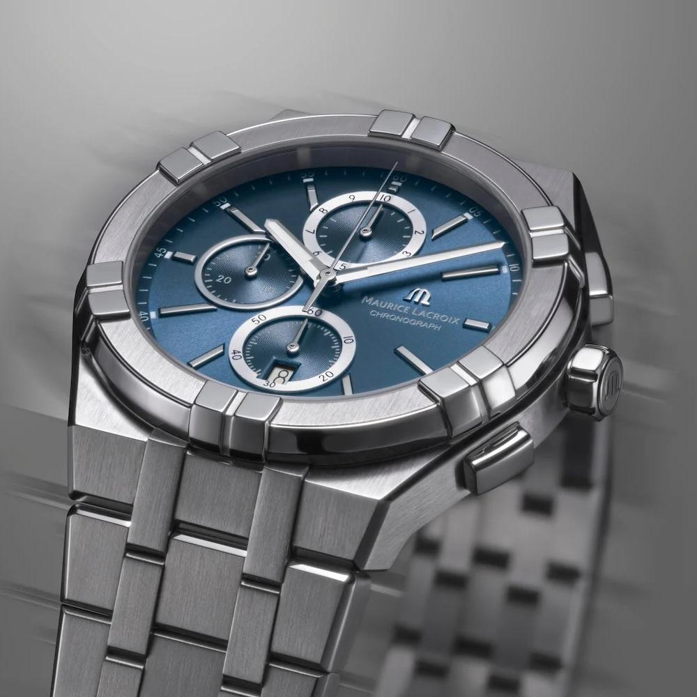 MAURICE LACROIX Aikon Quartz Chronograph Blue Dial 42mm Silver Stainless Steel Bracelet AI1118-SS002-430-1