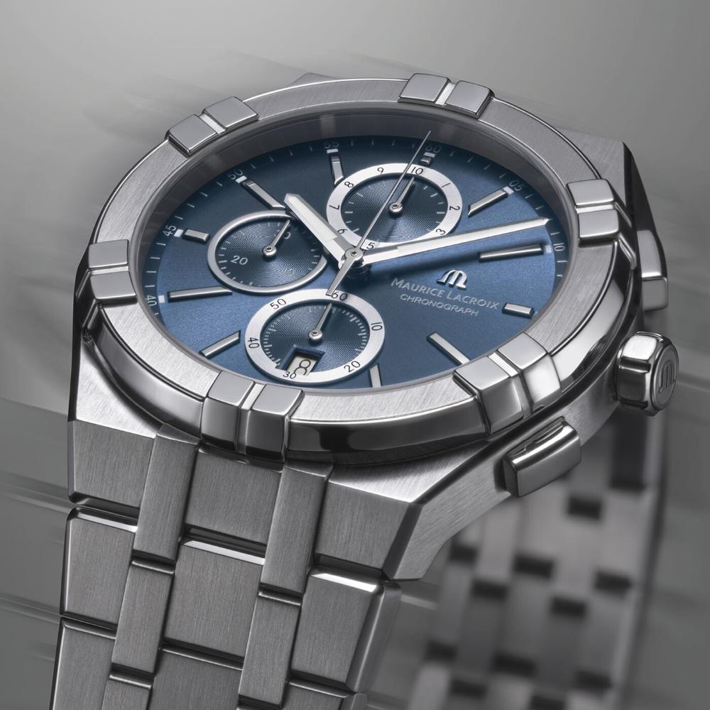 MAURICE LACROIX Aikon Quartz Chronograph Blue Dial 42mm Silver Stainless Steel Bracelet AI1118-SS002-430-1