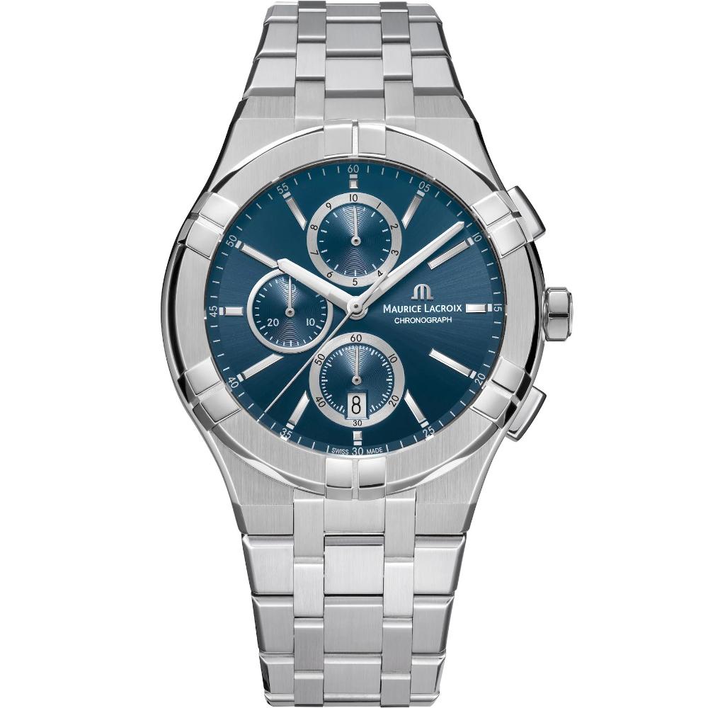 MAURICE LACROIX Aikon Quartz Chronograph Blue Dial 42mm Silver Stainless Steel Bracelet AI1118-SS002-430-1