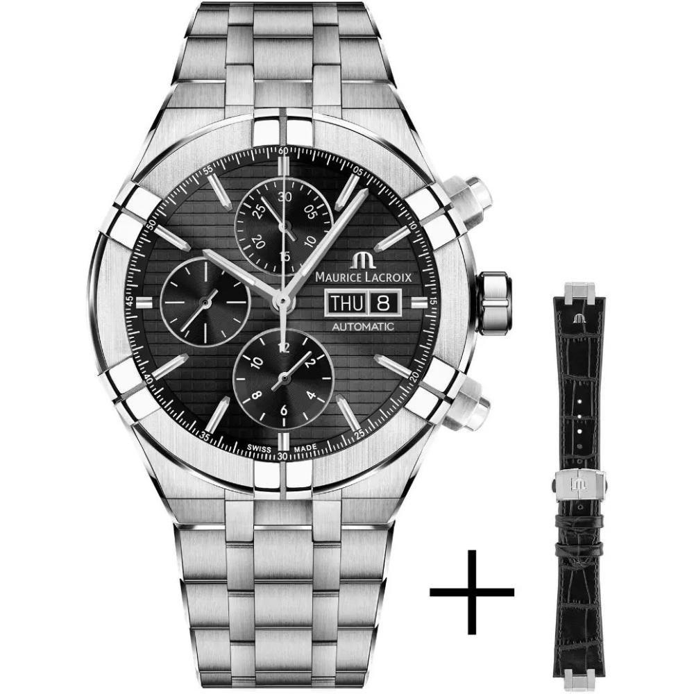 MAURICE LACROIX Aikon Chronograph Automatic Black Dial 44mm Silver Stainless Steel Bracelet AI6038-SS002-330-2