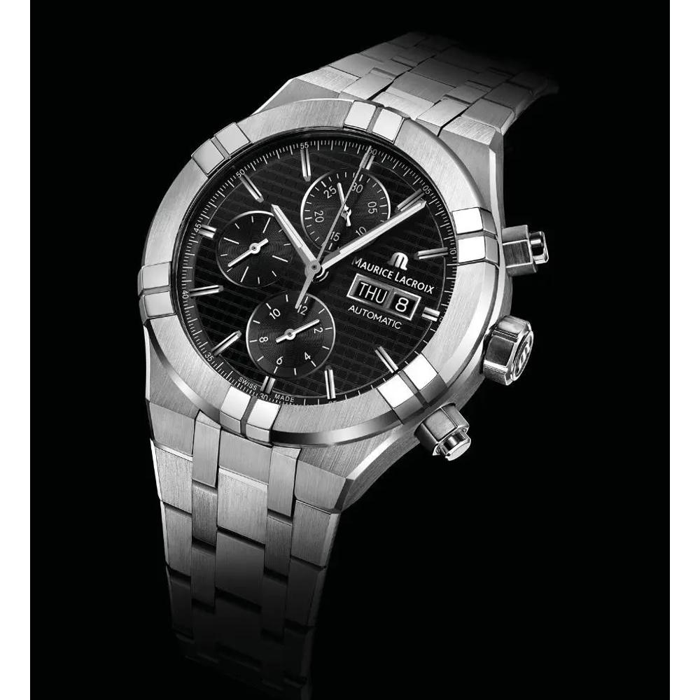 MAURICE LACROIX Aikon Chronograph Automatic Black Dial 44mm Silver Stainless Steel Bracelet AI6038-SS002-330-2