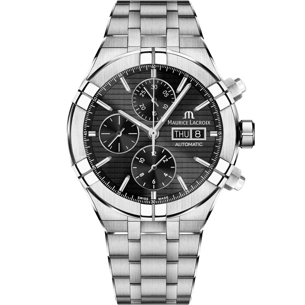 MAURICE LACROIX Aikon Chronograph Automatic Black Dial 44mm Silver Stainless Steel Bracelet AI6038-SS002-330-2