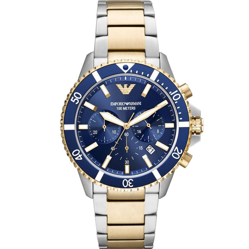 EMPORIO ARMANI Diver Chronograph Blue Dial 43mm Two Tone Gold Stainless Steel Bracelet AR11362