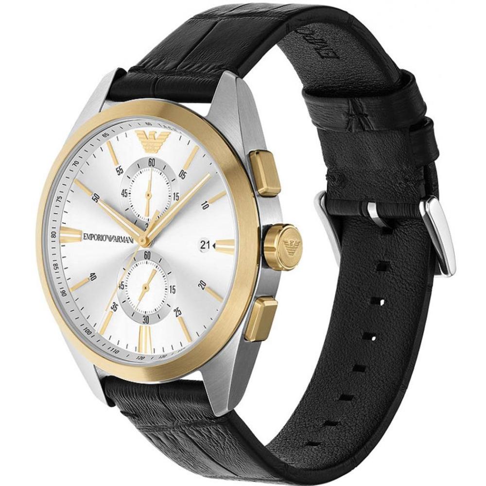 EMPORIO ARMANI Claudio Chronograph Silver Dial 43mm Two Tone Gold Stainless Steel Black Leather Strap AR11243