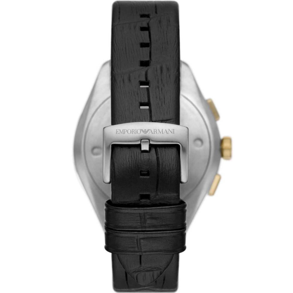 EMPORIO ARMANI Claudio Chronograph Silver Dial 43mm Two Tone Gold Stainless Steel Black Leather Strap AR11498
