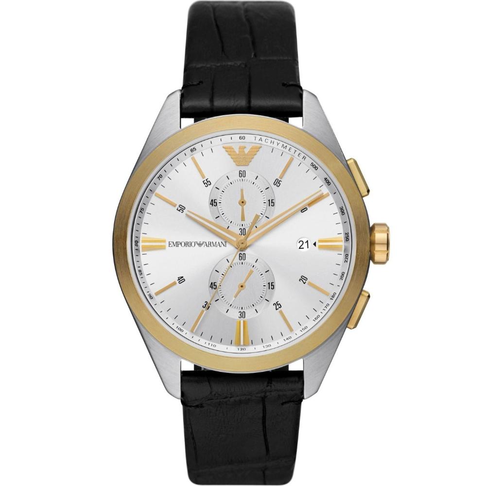 EMPORIO ARMANI Claudio Chronograph Silver Dial 43mm Two Tone Gold Stainless Steel Black Leather Strap AR11243