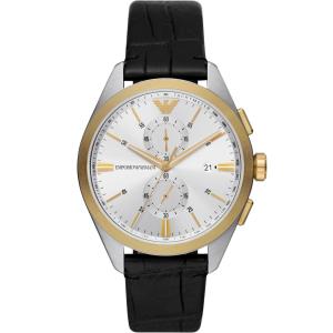 EMPORIO ARMANI Claudio Chronograph Silver Dial 43mm Two Tone Gold Stainless Steel Black Leather Strap AR11243 - 41914