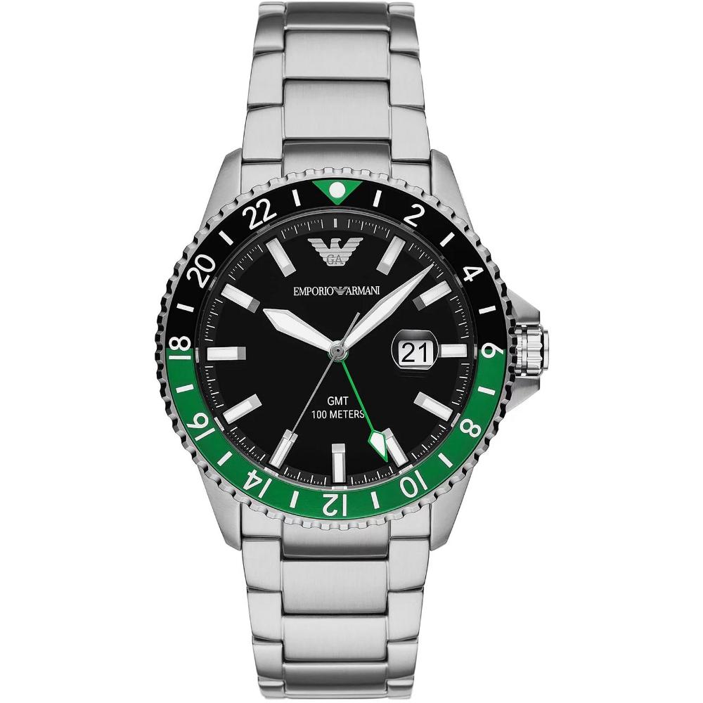 EMPORIO ARMANI Diver GMT Black Dial 42mm Silver Stainless Steel Bracelet AR11589