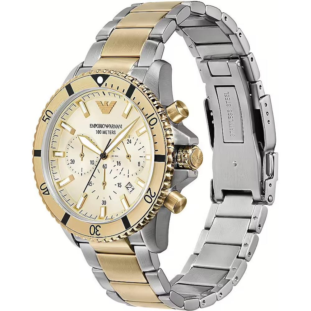 EMPORIO ARMANI Sea Explorer Chronograph Gold Dial 43mm Two Tone Gold Stainless Steel Bracelet AR11606