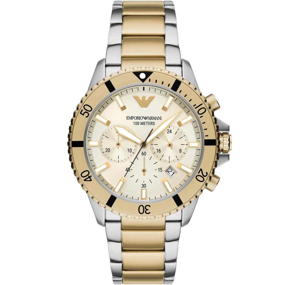 EMPORIO ARMANI Sea Explorer Chronograph Gold Dial 43mm Two Tone Gold Stainless Steel Bracelet AR11606