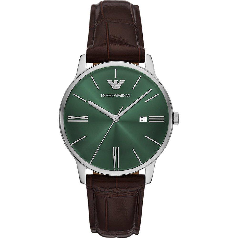 EMPORIO ARMANI Minimalist Green Dial 39mm Silver Stainless Steel Brown Leather Strap AR11672