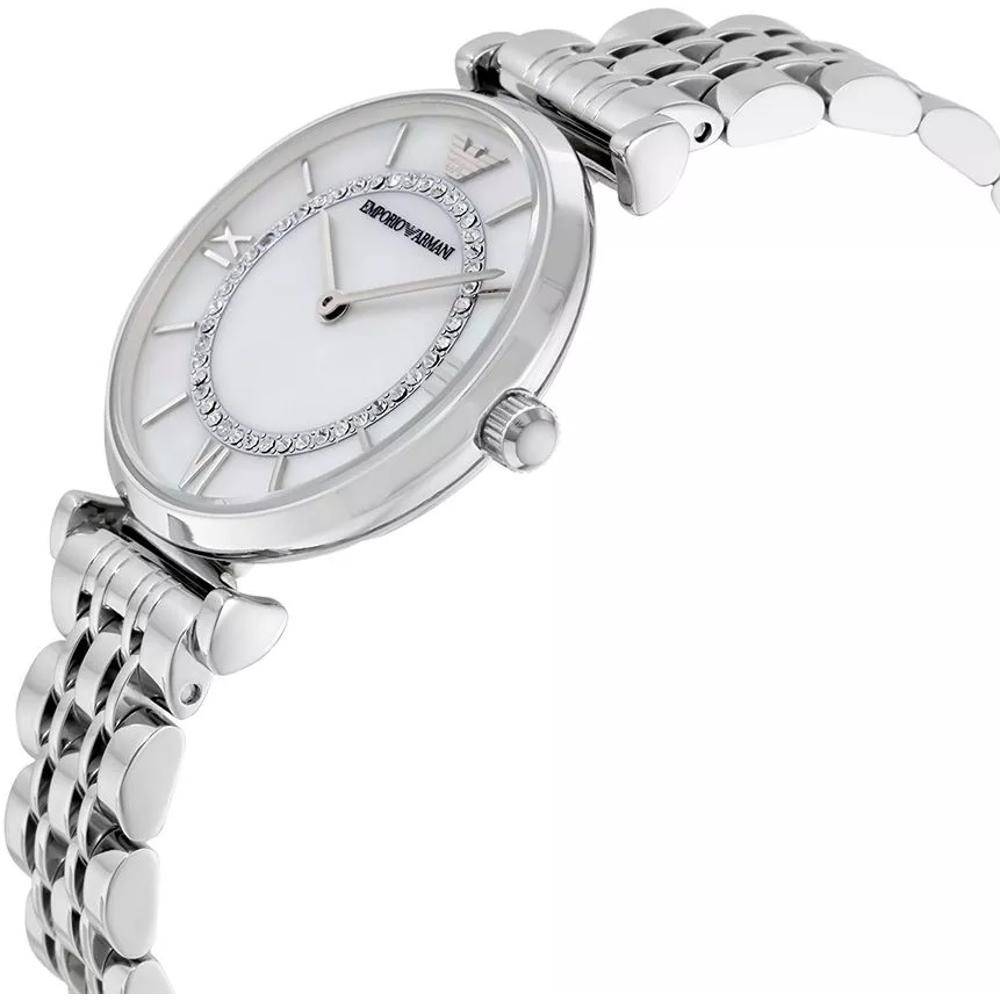 EMPORIO ARMANI Gianni T-Bar White Pearl Dial with Crystals 32mm Silver Stainless Steel Bracelet AR1908