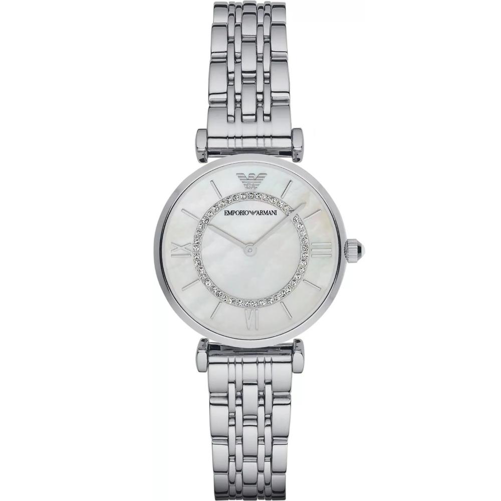 EMPORIO ARMANI Gianni T-Bar White Pearl Dial with Crystals 32mm Silver Stainless Steel Bracelet AR1908