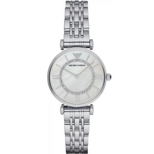 EMPORIO ARMANI Gianni T-Bar White Pearl Dial with Crystals 32mm Silver Stainless Steel Bracelet AR1908 - 49921