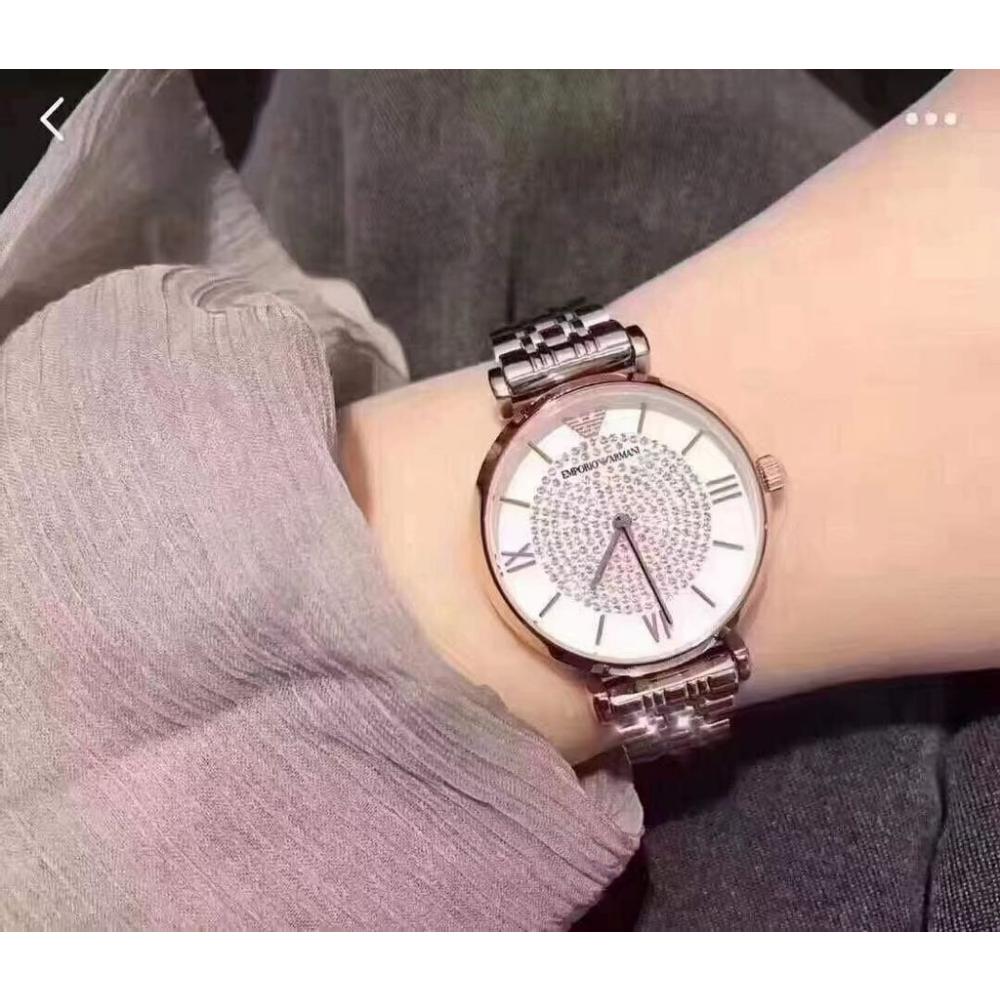 EMPORIO ARMANI Gianni T-Bar White Dial with Stones 32mm Two Tone Rose Gold Stainless Steel Bracelet AR1926