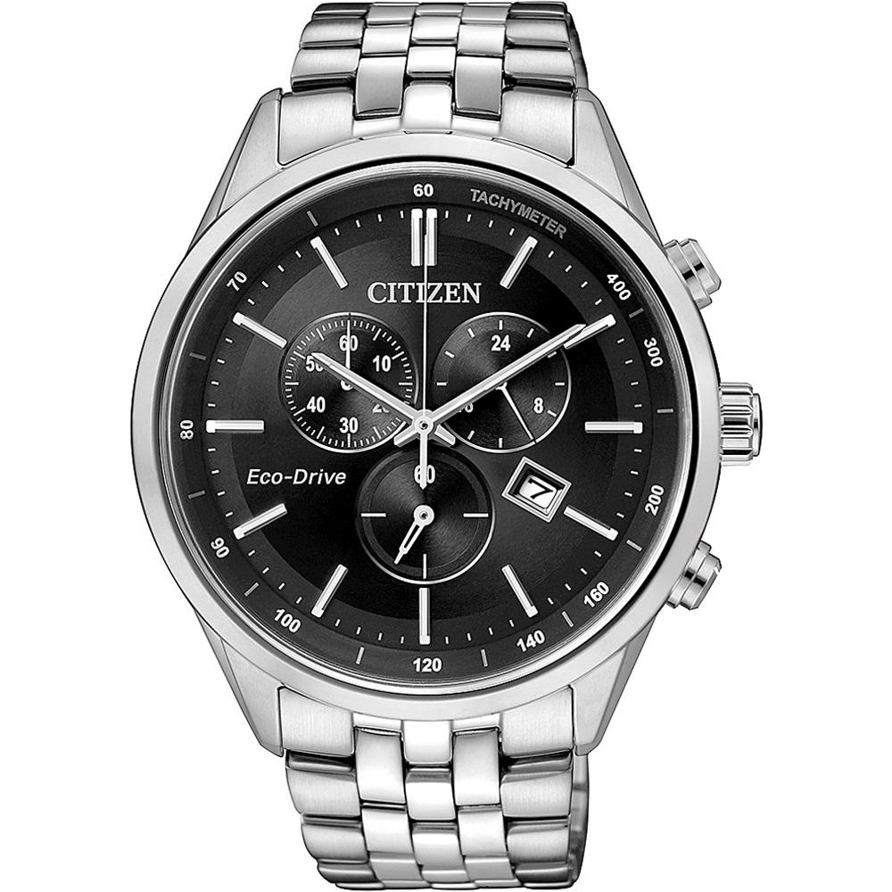 CITIZEN Sport Eco-Drive Chronograph Black Dial 42mm Silver Stainless Steel Bracelet AT2141-87E