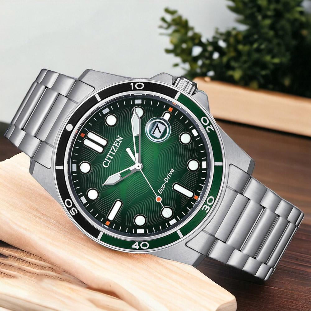 CITIZEN Sporty Marine Eco-Drive Green Dial 41.5mm Silver Stainless Steel Bracelet AW1811-82X