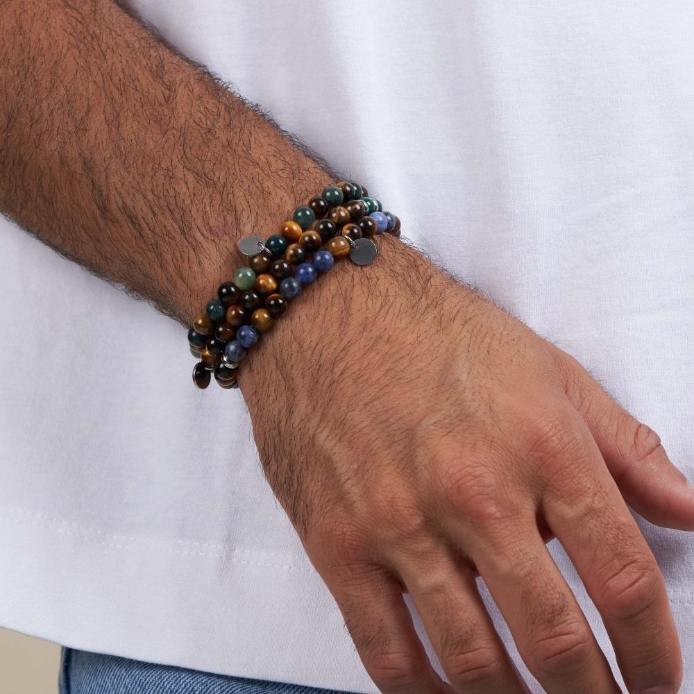 BRACELET Men's LISKA from Stainless Steel with Tiger's Eye Stones and Agate BALI068BR