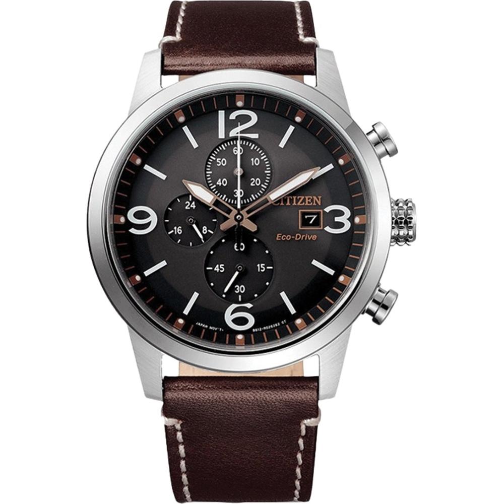 CITIZEN Eco-Drive Chronograph 43mm Silver Stainless Steel Brown Leather Strap CA0740-14H - 1