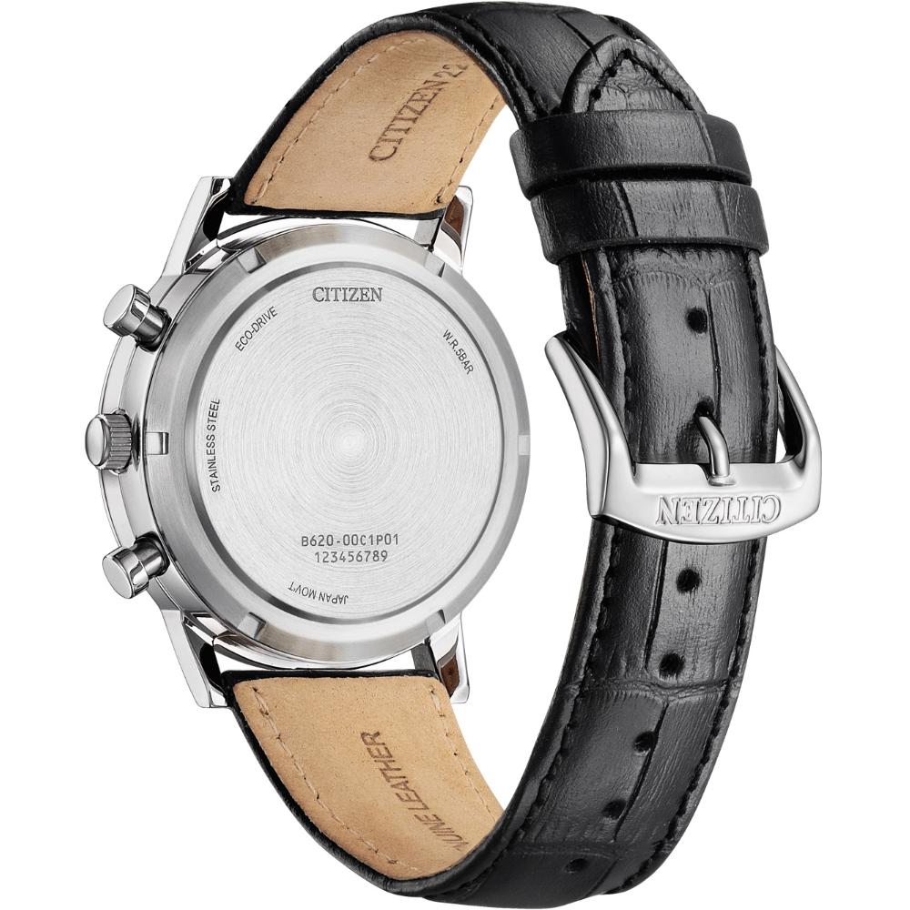 CITIZEN Classic Chronograph Eco-Drive White Dial 42mm Silver Stainless Steel Black Leather Strap CA4630-02A